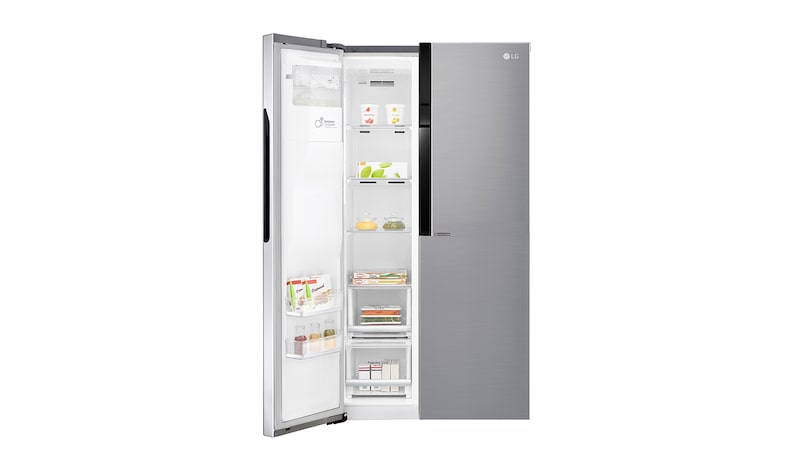 LG Side-by-Side mit Eis-, Crushed Ice- und Wasserspender | 591 Liter Kapazität | Energieeffizienzklasse F | Interner Wassertank 4L | Steel | GSL561PZUZ, GSL561PZUZ